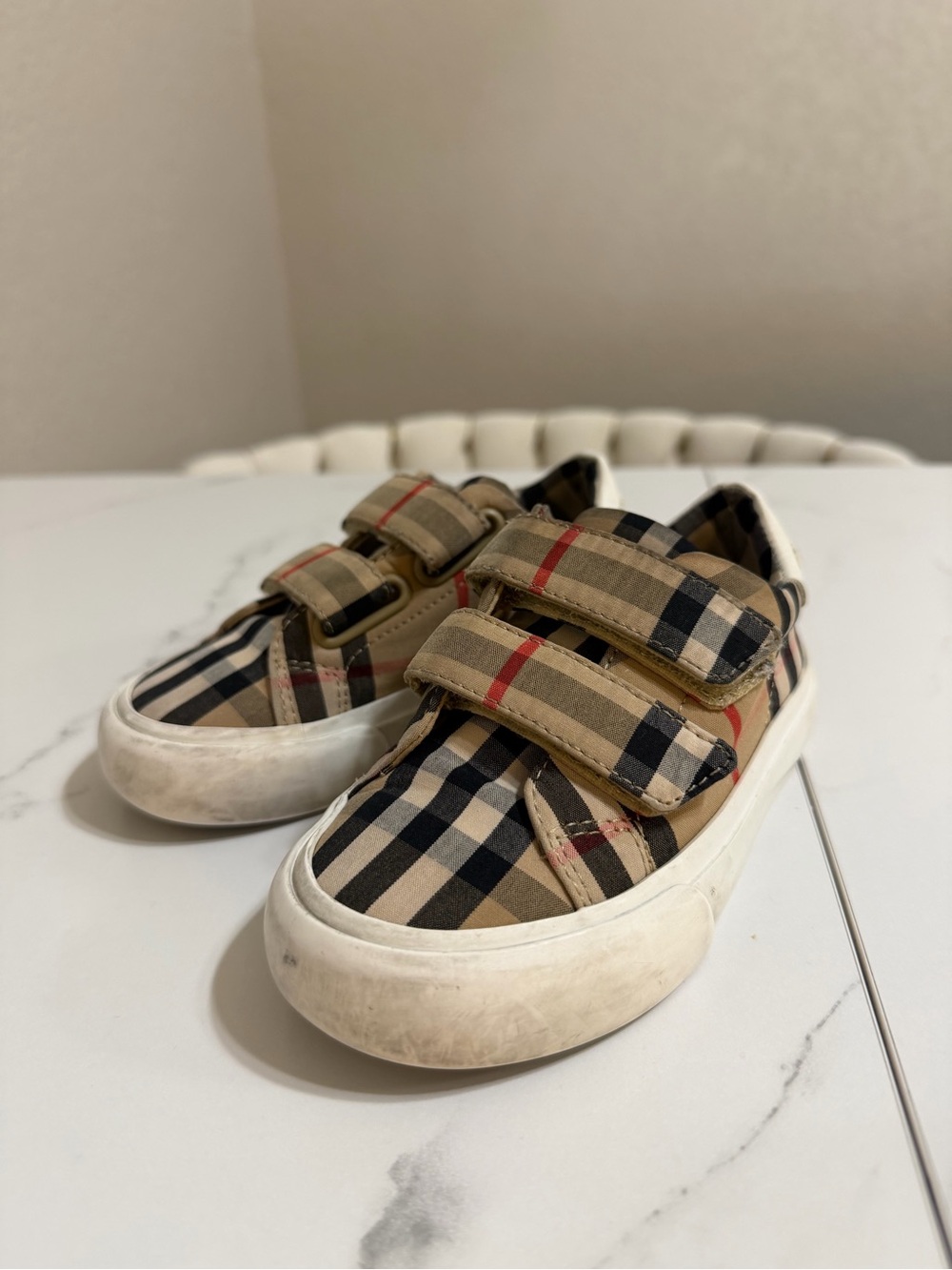 Burberry Beige and Black Check Kids Velcro Sneakers